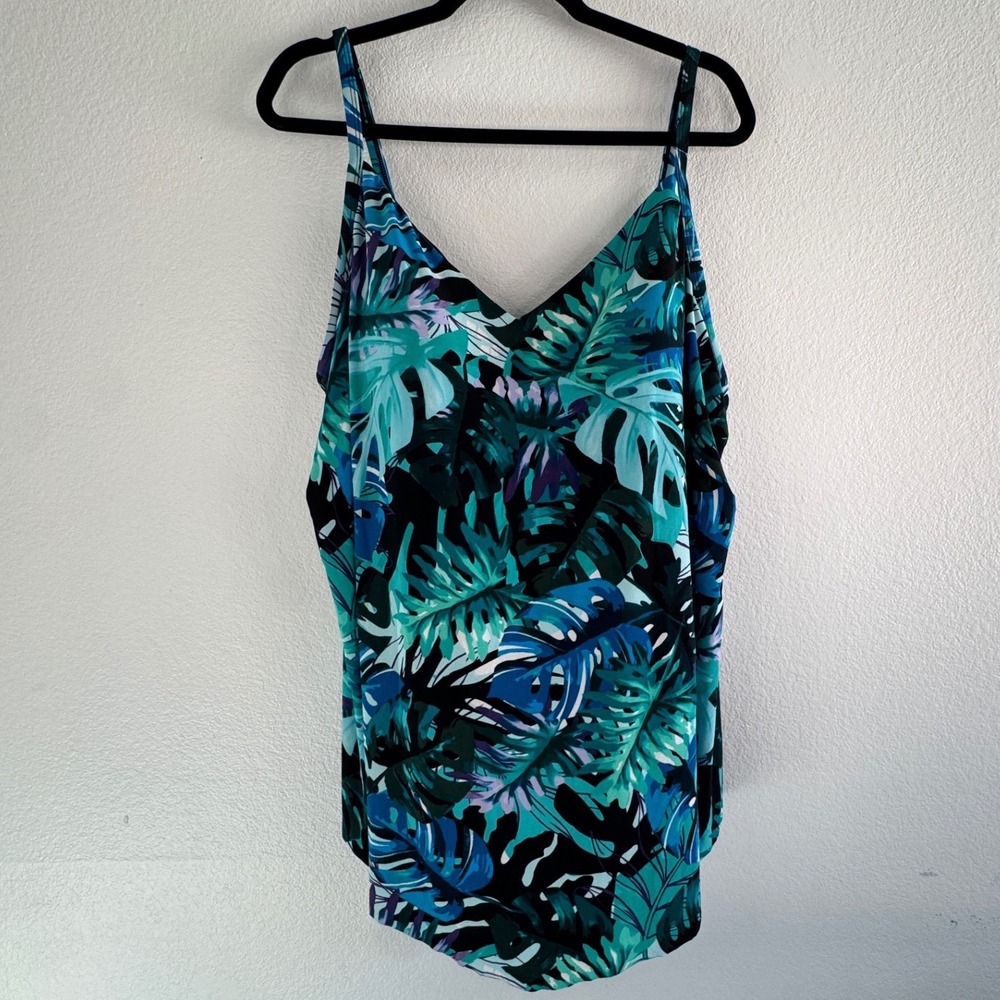 New Aqua Green Womens Tropical Palm Print Tankini Swim Top Blue Teal Size 24W